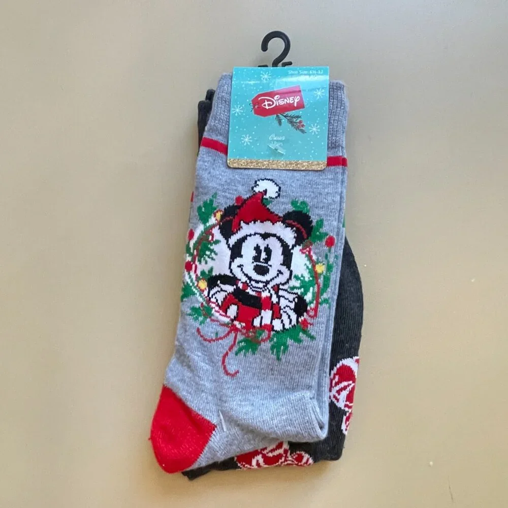 New Disney Christmas Socks Set of 2 Pair Mickey Mouse Holiday NWT
